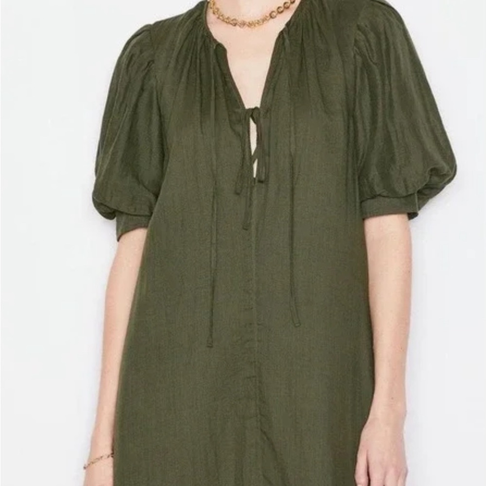FRAME moss green tie neck front puff sleeve linen maxi dress - Picture 9 of 9